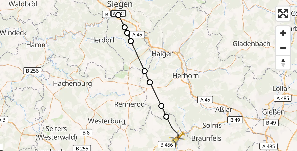 Flugroute Rettungshubschrauber Evangelisches Jung-Stilling Hospital - Löhnberg, 31 August 2026, 13:05