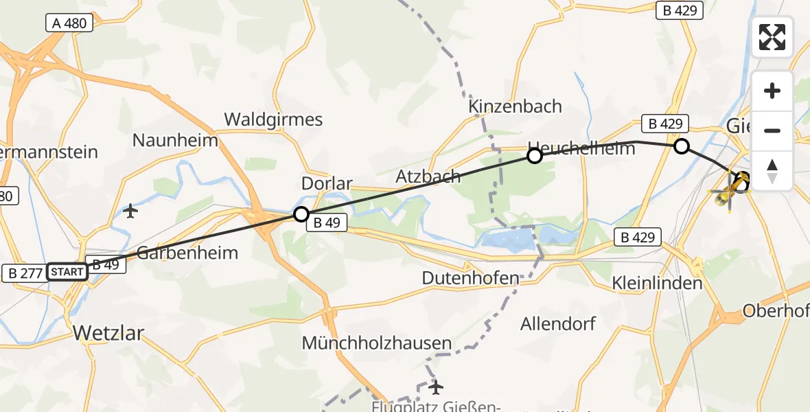 Flugroute Rettungshubschrauber Wetzlar - Gießen University Hospital, 31 August 2026, 13:43