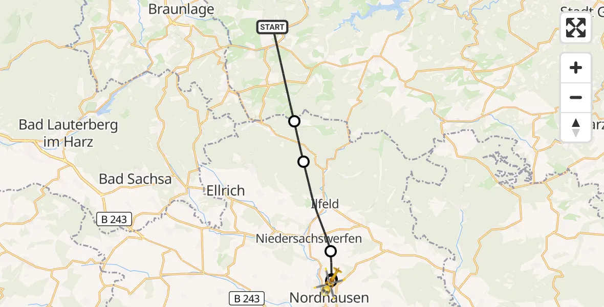 Flugroute Rettungshubschrauber Oberharz am Brocken - Südharz Hospital Nordhausen, 31 August 2026, 13:43