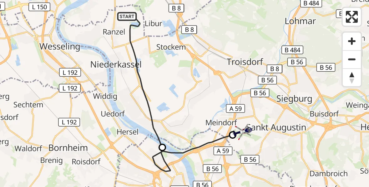 Flugroute Polizeihubschrauber Niederkassel - Sankt Augustin, 31 August 2026, 13:44