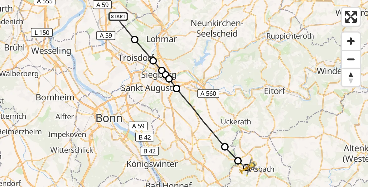 Flugroute Rettungshubschrauber Köln Bonn Flughafen - Asbach, 31 August 2026, 13:44
