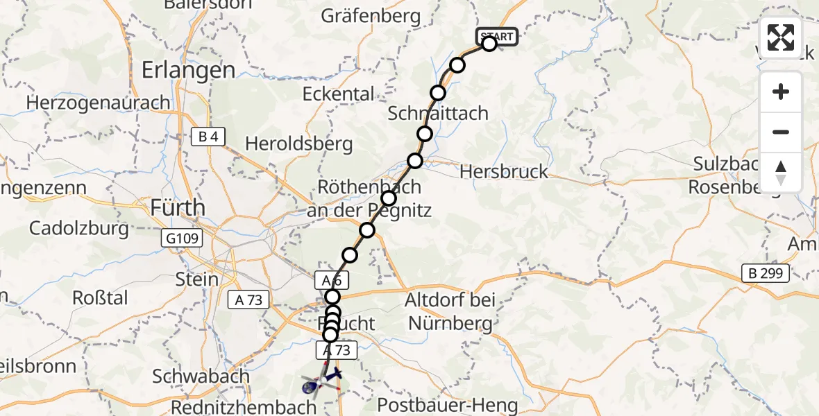 Flugroute Polizeihubschrauber Betzenstein - Wendelstein, 31 August 2026, 13:52