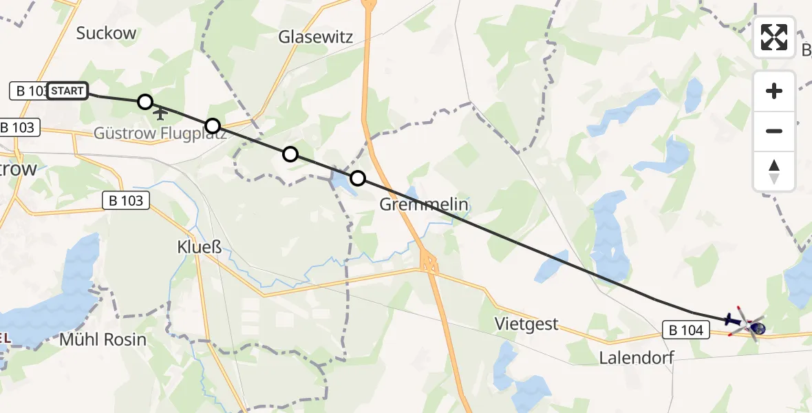 Flugroute Polizeihubschrauber Güstrow - Lalendorf, 31 August 2026, 13:59