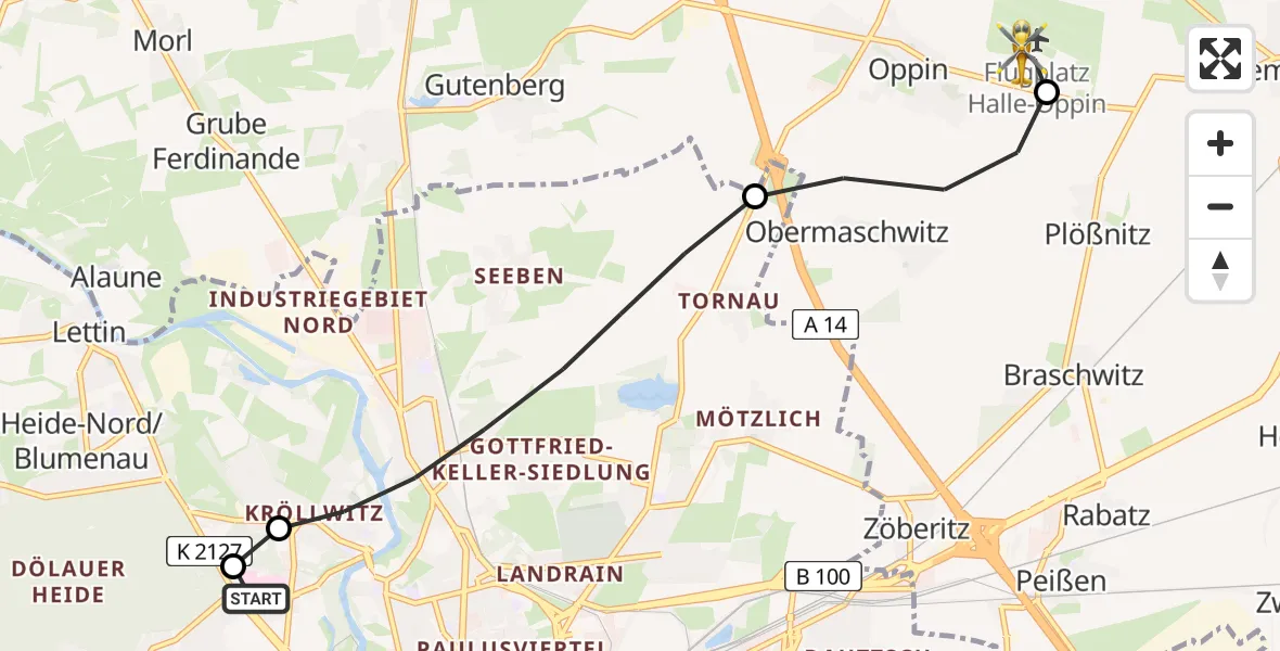 Flugroute Rettungshubschrauber Halle (Saale) University Hospital - Halle-Oppin Flugplatz, 31 August 2026, 14:07