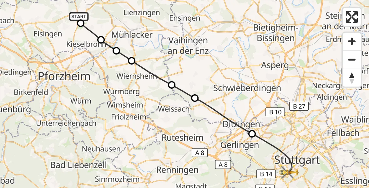 Flugroute Rettungshubschrauber Neulingen - Stuttgart, 31 August 2026, 14:12