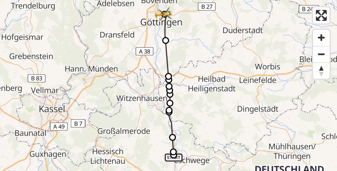 Flugroute Rettungshubschrauber Eschwege - Göttingen University Clinic Hubschrauberlandeplatz, 31 August 2026, 14:15