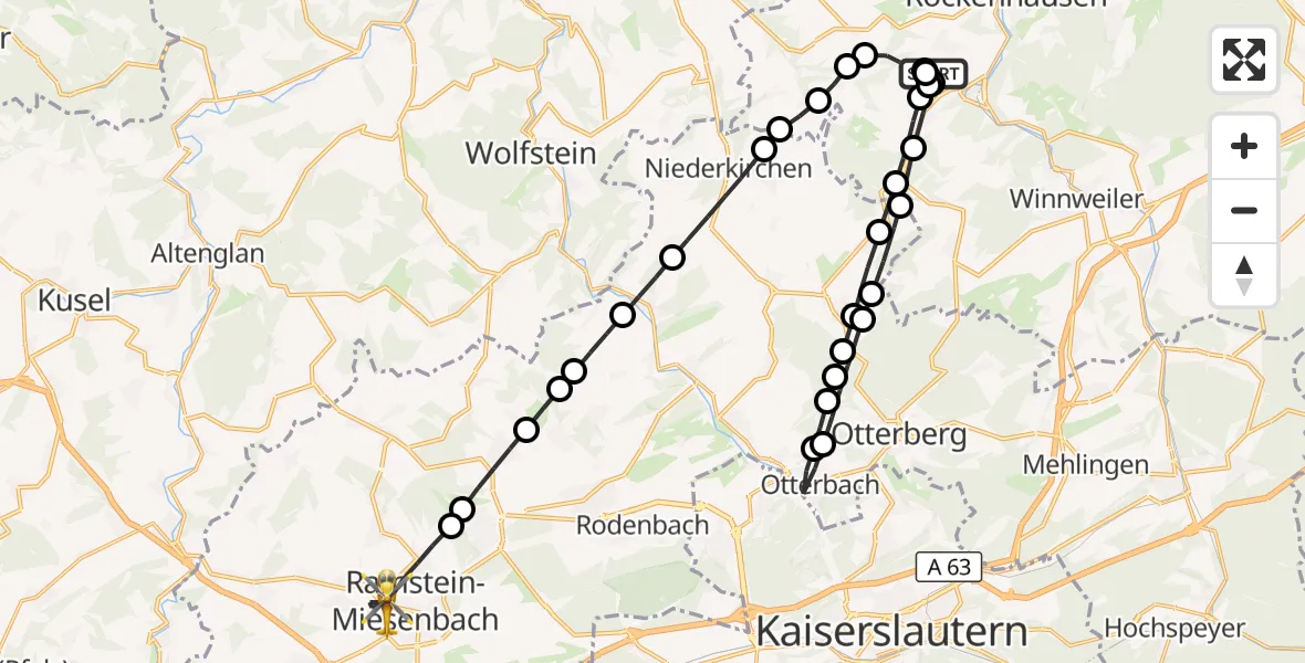 Flugroute Rettungshubschrauber Rockenhausen - Ramstein-Miesenbach, 31 August 2026, 14:17
