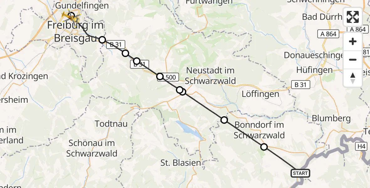 Flugroute Ambulanzhubschrauber Stühlingen - Freiburg im Breisgau Flugplatz, 31 August 2026, 14:22