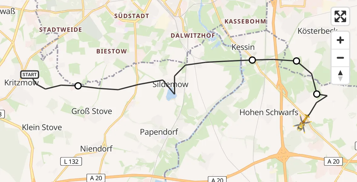 Flugroute Ambulanzhubschrauber Kritzmow - Dummerstorf, 31 August 2026, 14:32
