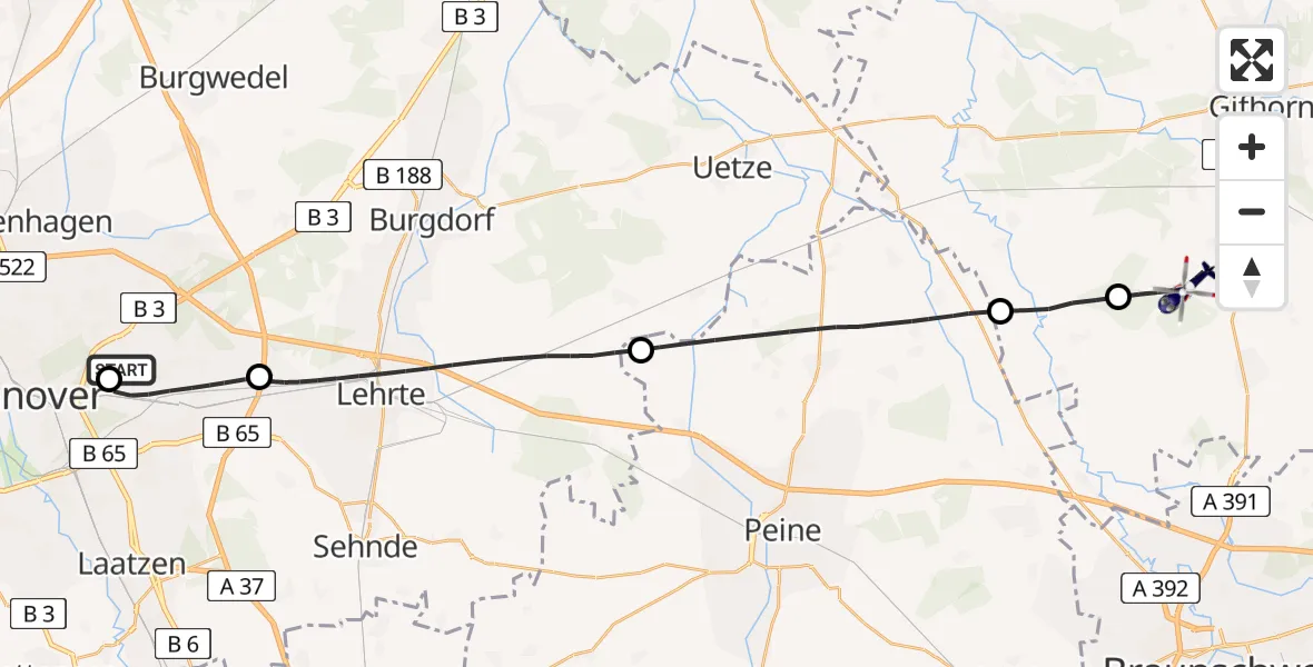 Flugroute Polizeihubschrauber Hannover Luftrettung Hubschrauberlandeplatz (Christoph 4) - Ribbesbüttel, 31 August 2026, 14:37