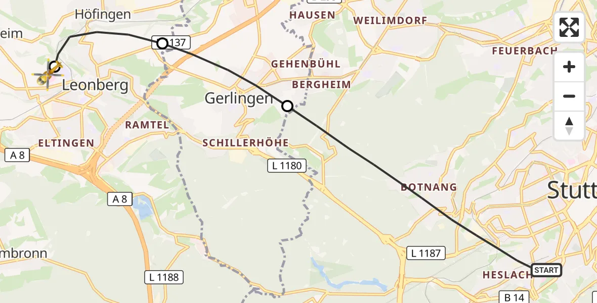Flugroute Rettungshubschrauber Stuttgart - Leonberg Hospital, 31 August 2026, 14:48
