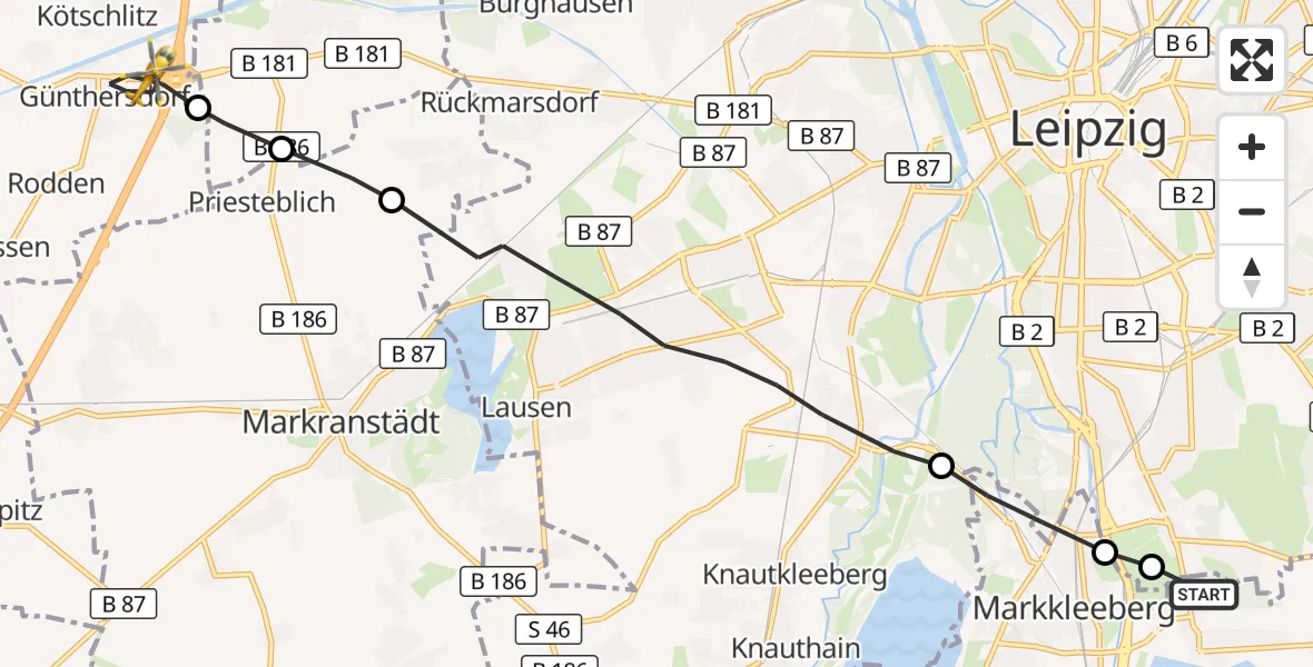 Flugroute Rettungshubschrauber Markkleeberg - Leuna, 31 August 2026, 15:00