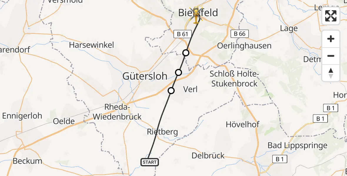 Flugroute Rettungshubschrauber Rietberg - Bielefeld, 31 August 2026, 15:01