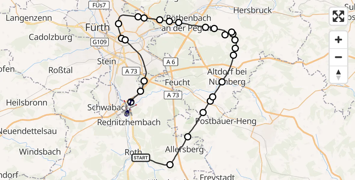 Flugroute Polizeihubschrauber Roth - Schwabach, 31 August 2026, 15:10
