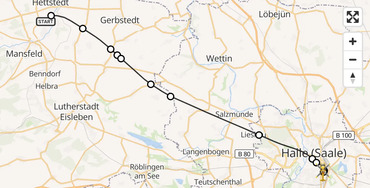 Flugroute Rettungshubschrauber Mansfeld - BG Hospital Bergmannstrost Halle, 31 August 2026, 15:11