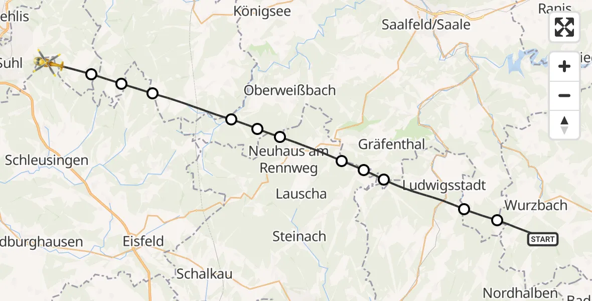 Flugroute Rettungshubschrauber Wurzbach - Schleusingen, 31 August 2026, 15:19