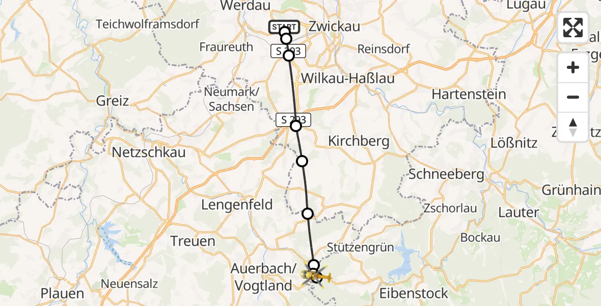 Flugroute Rettungshubschrauber ADAC Air Rescue Station Zwickau Hubschrauberlandeplatz - Schönheide, 31 August 2026, 15:23