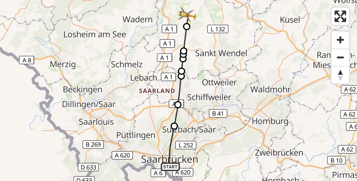 Flugroute Rettungshubschrauber Saarbrücken - Nohfelden, 31 August 2026, 15:26