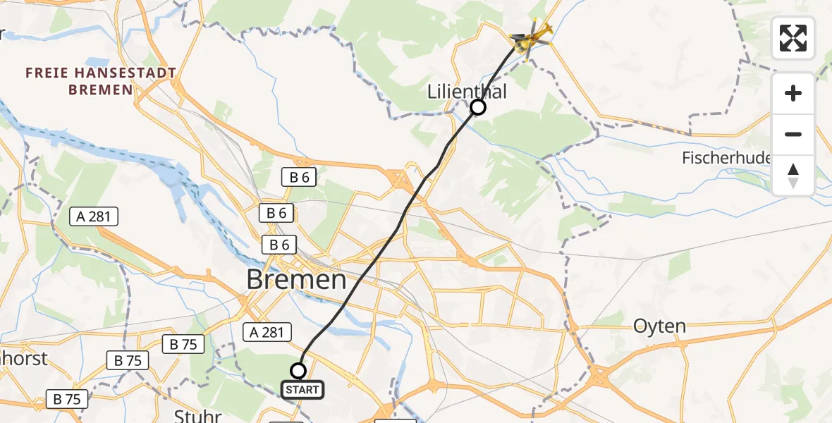 Flugroute Rettungshubschrauber ADAC Air Rescue Station Bremen Hubschrauberlandeplatz (Christoph 6) - Lilienthal, 31 August 2026, 15:27