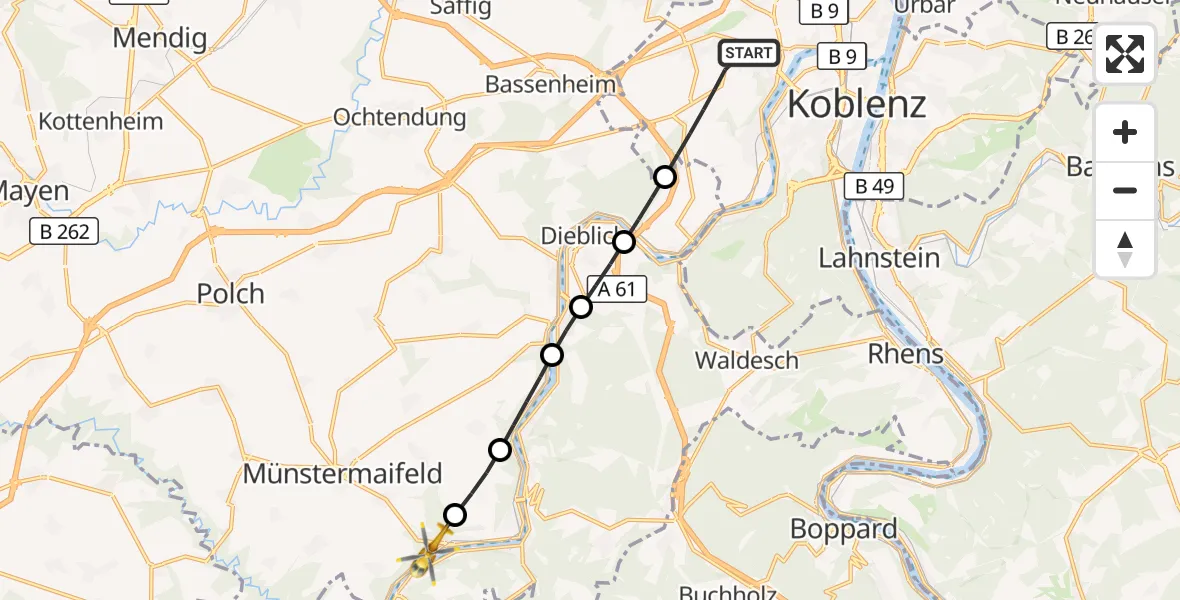 Flugroute Rettungshubschrauber Koblenz - Hatzenport, 31 August 2026, 15:30