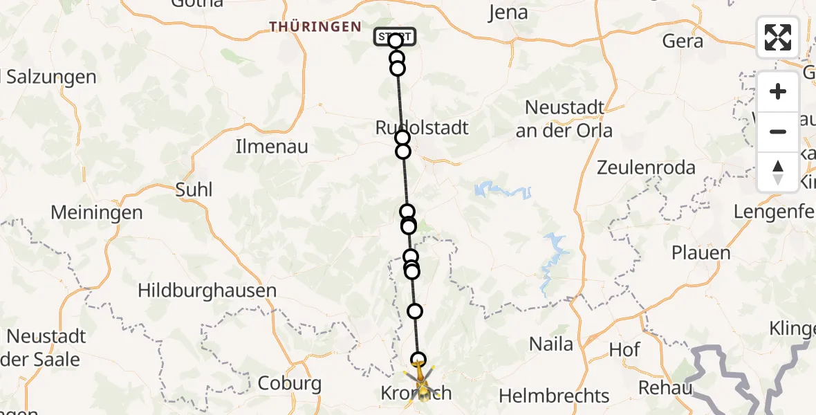 Flugroute Ambulanzhubschrauber Bad Berka Central Hospital - Kronach, 31 August 2026, 15:47