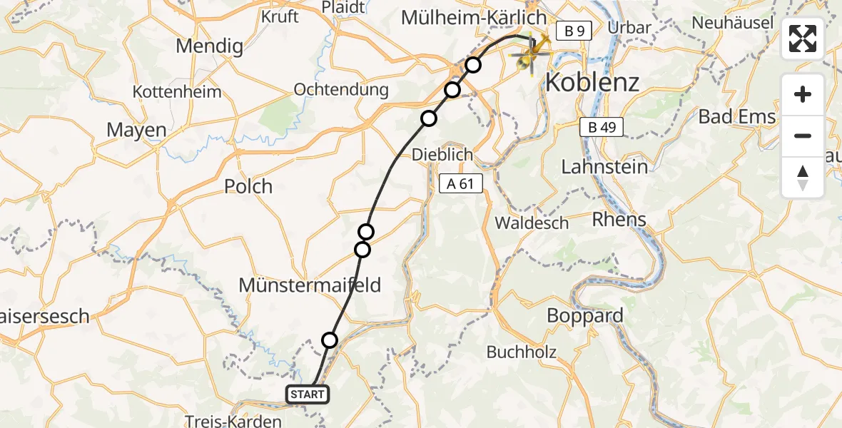 Flugroute Rettungshubschrauber Moselkern - Koblenz, 31 August 2026, 15:58