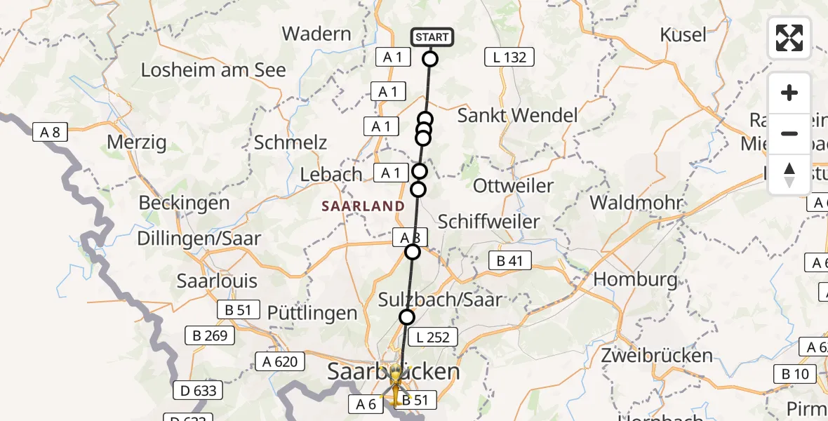 Flugroute Rettungshubschrauber Nohfelden - Saarbrücken, 31 August 2026, 16:03