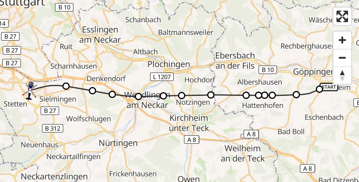 Flugroute Polizeihubschrauber Göppingen - Flughafen Stuttgart, 31 August 2026, 16:03