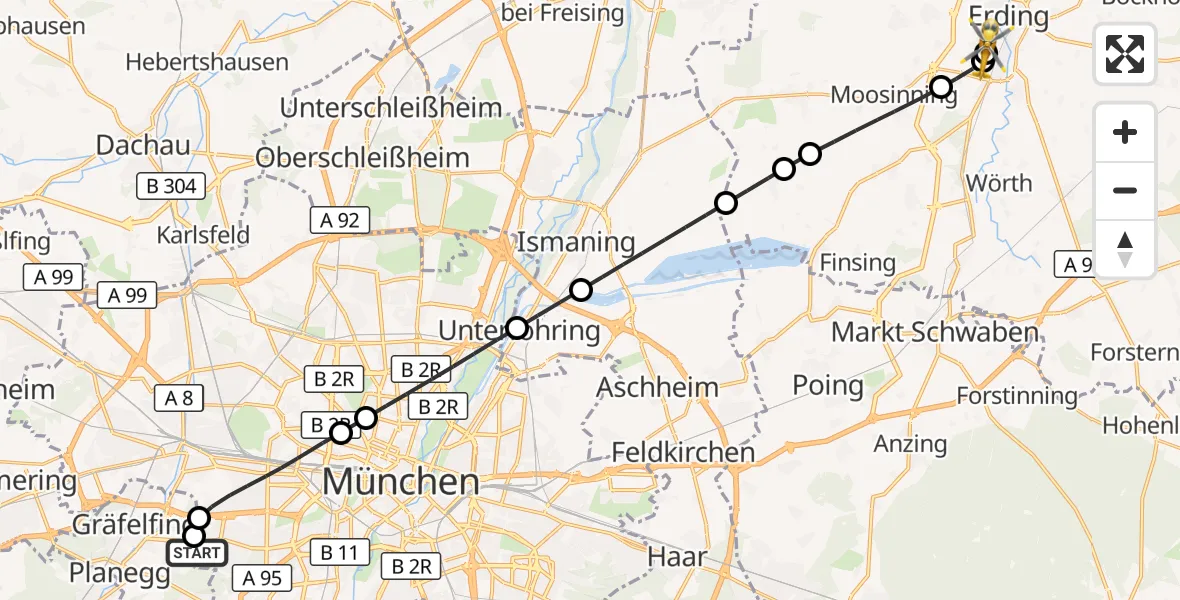 Flugroute Rettungshubschrauber DRF Air Rescue München Hubschrauberlandeplatz - Erding District Hospital, 31 August 2026, 16:07