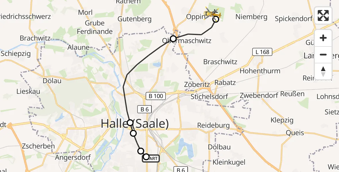 Flugroute Rettungshubschrauber BG Hospital Bergmannstrost Halle - Halle-Oppin Flugplatz, 31 August 2026, 16:10