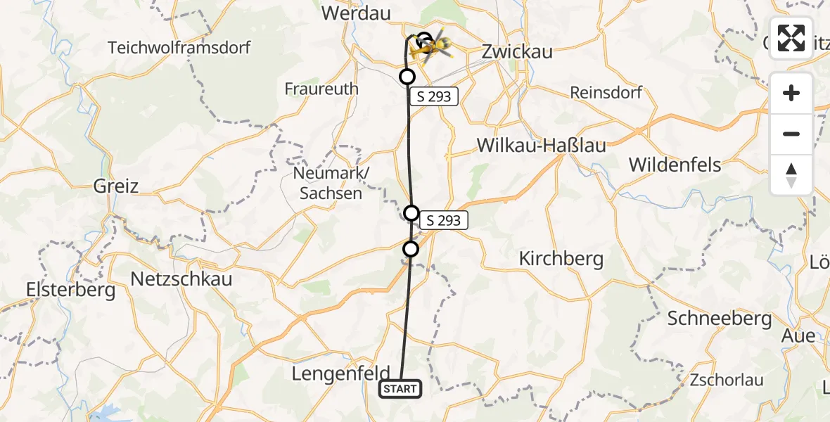 Flugroute Rettungshubschrauber Lengenfeld - ADAC Air Rescue Station Zwickau Hubschrauberlandeplatz, 31 August 2026, 16:13