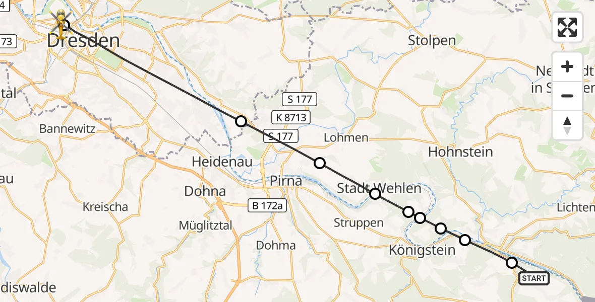 Flugroute Rettungshubschrauber Reinhardtsdorf-Schöna - Dresden Friedrichstadt Hospital, 31 August 2026, 16:18