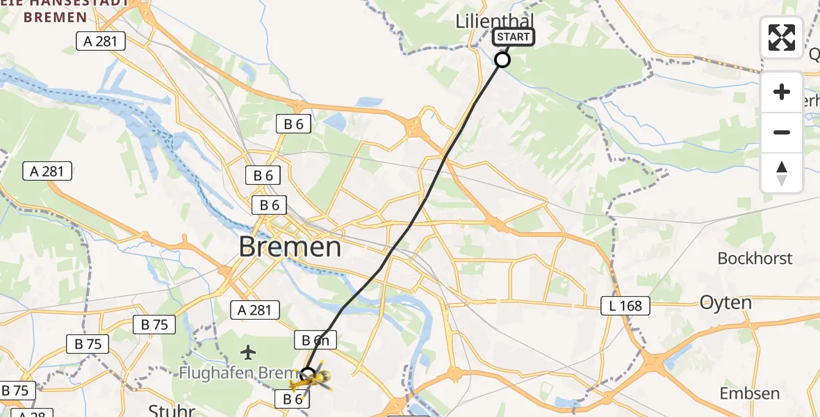 Flugroute Rettungshubschrauber Lilienthal - ADAC Air Rescue Station Bremen Hubschrauberlandeplatz (Christoph 6), 31 August 2026, 16:30