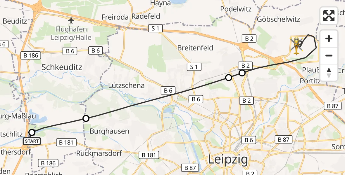 Flugroute Rettungshubschrauber ADAC Air Rescue Station Leipzig/Schkeuditz-Dölzig Hubschrauberlandeplatz (Christoph 61) - Leipzig, 31 August 2026, 16:32