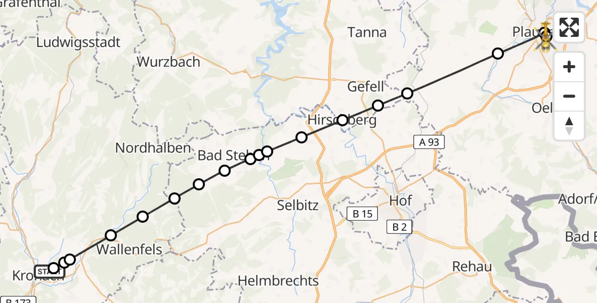 Flugroute Ambulanzhubschrauber Kronach - Helios Clinic Plauen, 31 August 2026, 16:38
