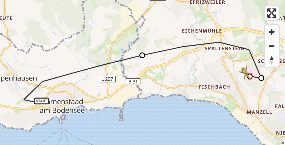 Flugroute Rettungshubschrauber Immenstaad am Bodensee - Friedrichshafen Hospital, 31 August 2026, 16:42