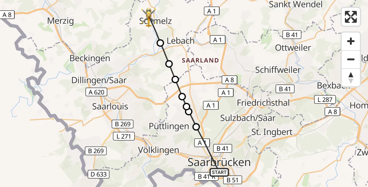 Flugroute Rettungshubschrauber Saarbrücken - Schmelz, 31 August 2026, 16:43