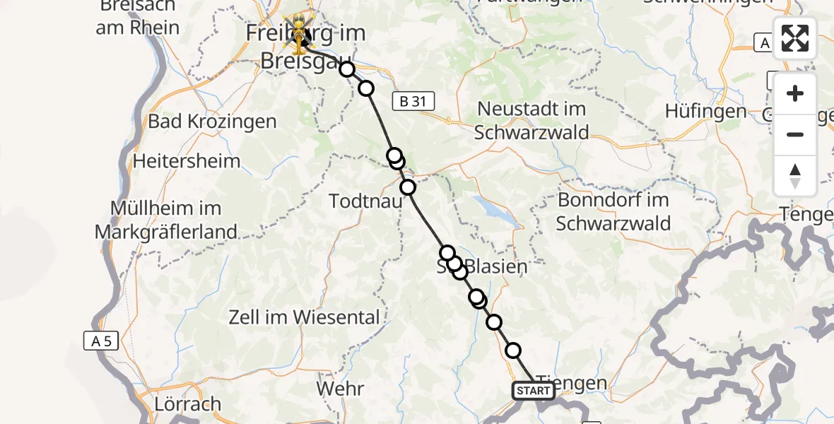 Flugroute Ambulanzhubschrauber Waldshut-Tiengen - Freiburg University Hospital Heliport 1, 31 August 2026, 17:09
