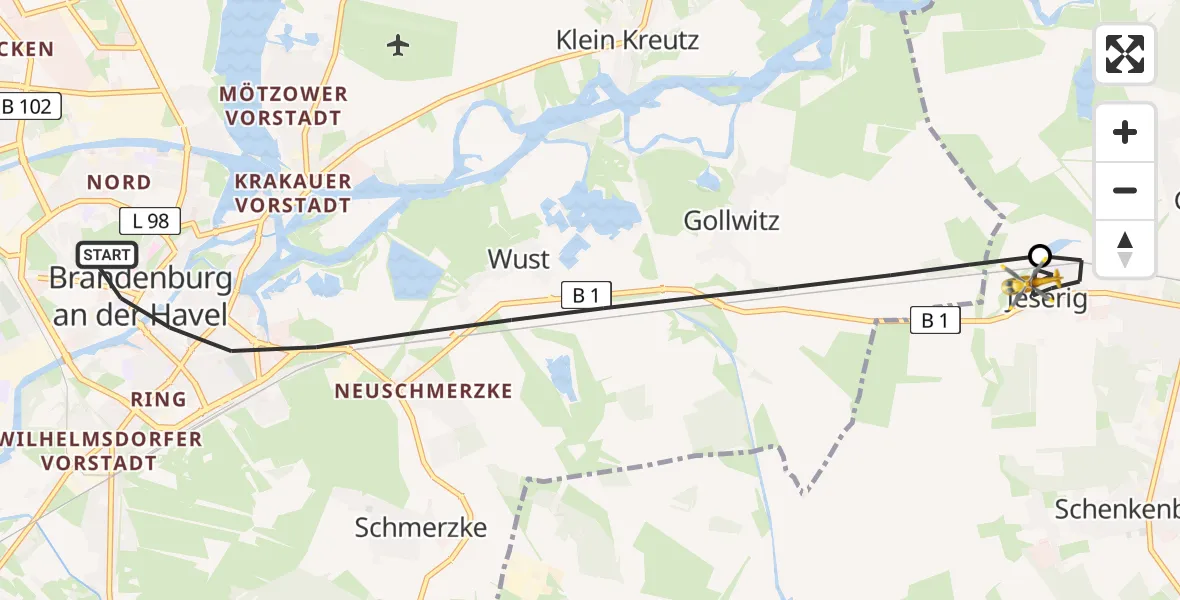 Flugroute Rettungshubschrauber Brandenburg an der Havel - Groß Kreutz (Havel), 31 August 2026, 17:10