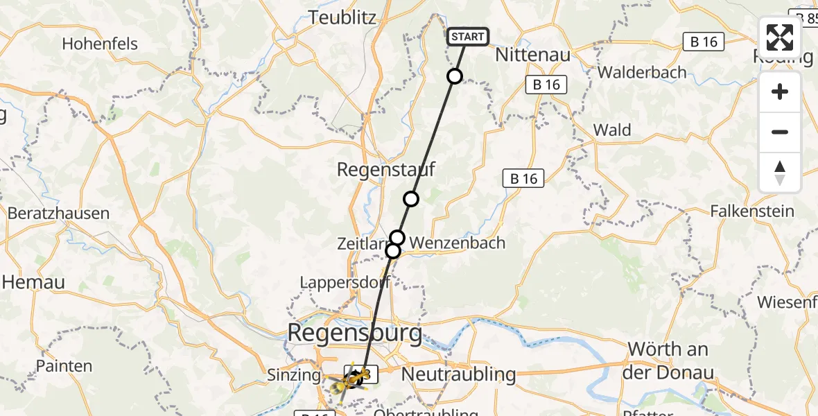 Flugroute Rettungshubschrauber Nittenau - DRF Air Rescue Station Regensburg / Regensburg University Hospital, 31 August 2026, 17:10