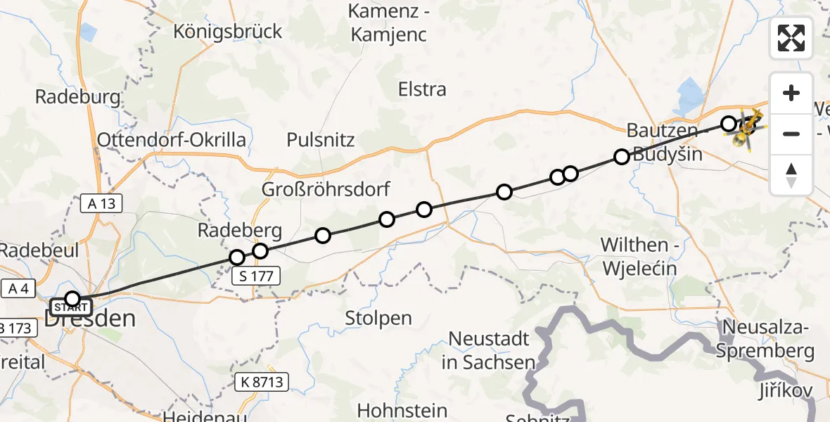 Flugroute Rettungshubschrauber Dresden Friedrichstadt Hospital - Bautzen Flugplatz, 31 August 2026, 17:10
