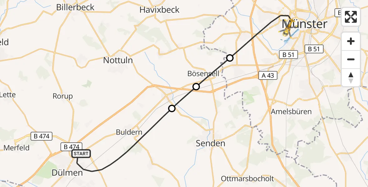 Flugroute Ambulanzhubschrauber Dülmen - Münster, 31 August 2026, 17:13