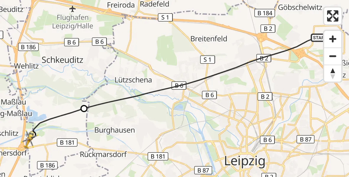 Flugroute Rettungshubschrauber Leipzig - ADAC Air Rescue Station Leipzig/Schkeuditz-Dölzig Hubschrauberlandeplatz (Christoph 61), 31 August 2026, 17:17