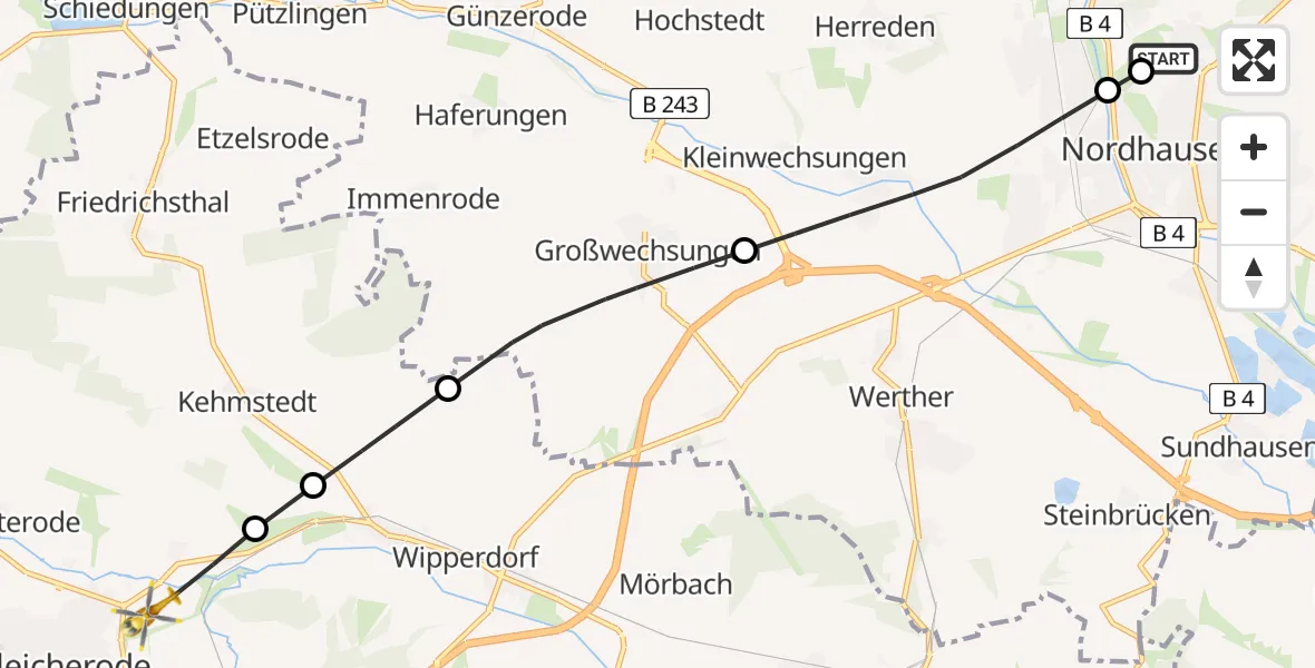 Flugroute Rettungshubschrauber Südharz Hospital Nordhausen - Bleicherode, 31 August 2026, 17:19