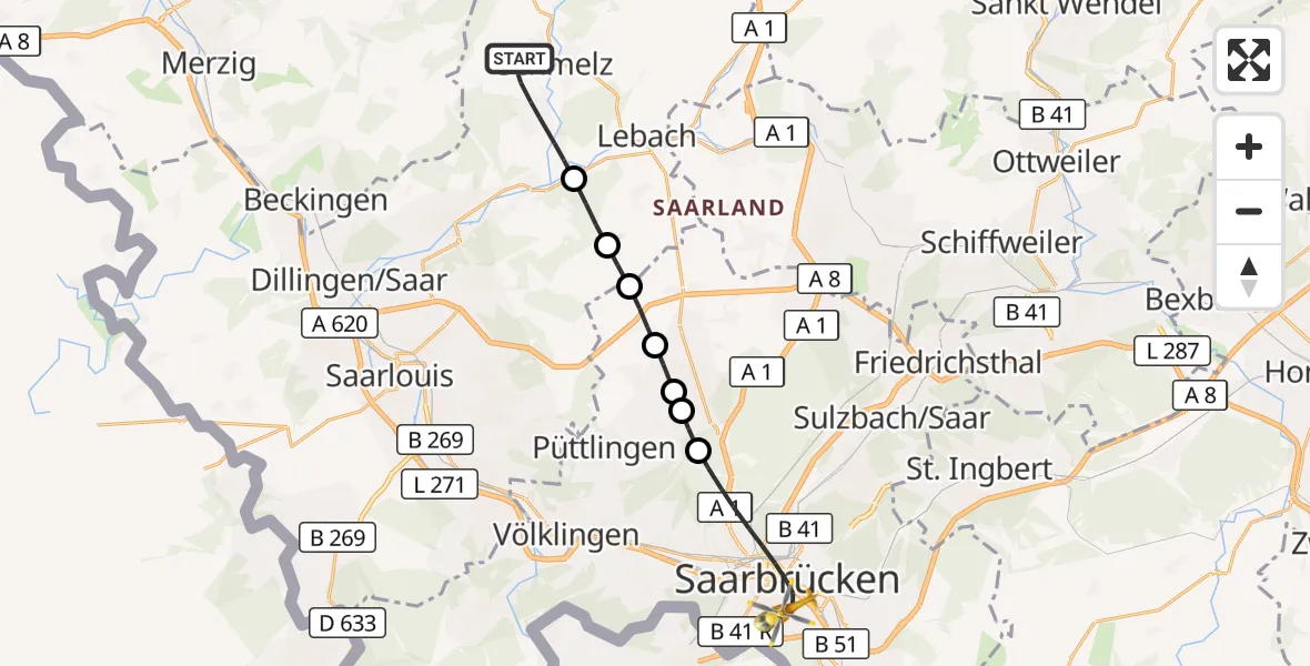 Flugroute Rettungshubschrauber Schmelz - Saarbrücken, 31 August 2026, 17:20