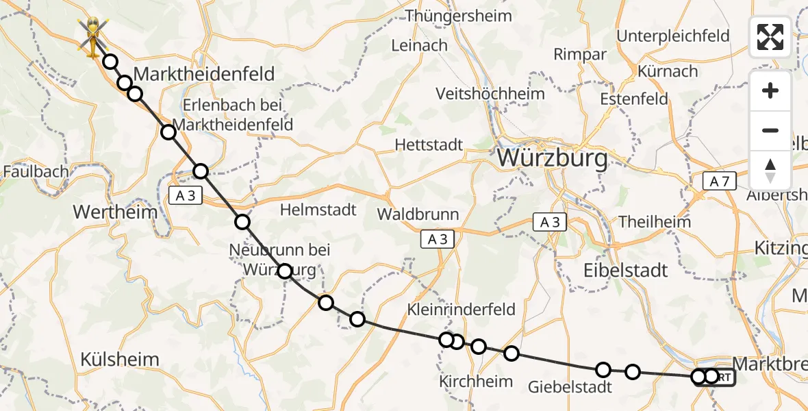 Flugroute Rettungshubschrauber Ochsenfurt Hospital - Bischbrunn, 31 August 2026, 17:24