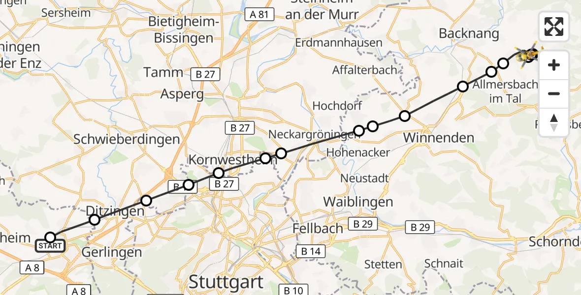 Flugroute Rettungshubschrauber Leonberg Hospital - Auenwald, 31 August 2026, 17:36