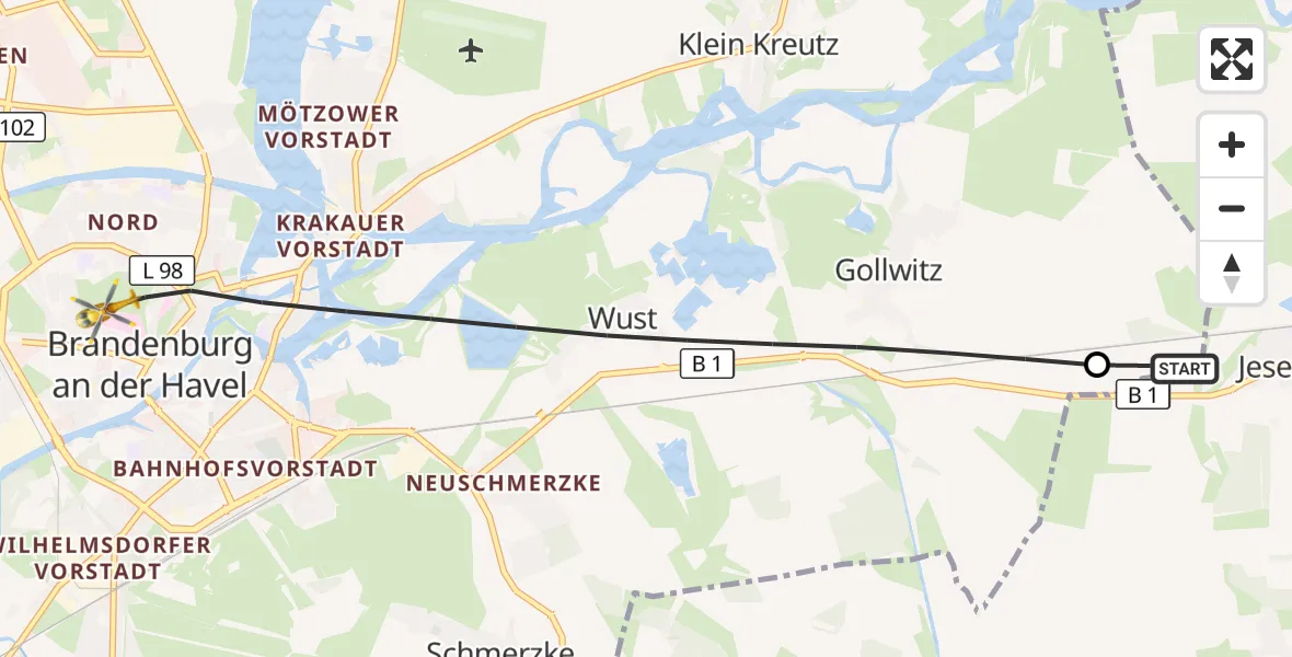 Flugroute Rettungshubschrauber Groß Kreutz (Havel) - Brandenburg an der Havel, 31 August 2026, 17:44