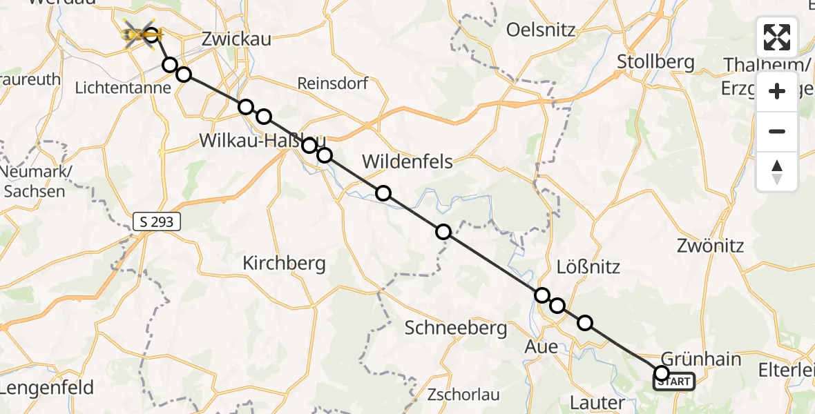 Flugroute Rettungshubschrauber Grünhain-Beierfeld - ADAC Air Rescue Station Zwickau Hubschrauberlandeplatz, 31 August 2026, 17:46
