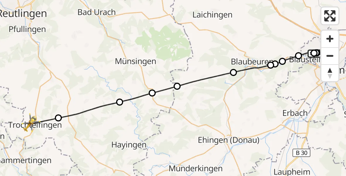 Flugroute Rettungshubschrauber Ulm Military Hospital Emergency - Trochtelfingen, 31 August 2026, 17:50